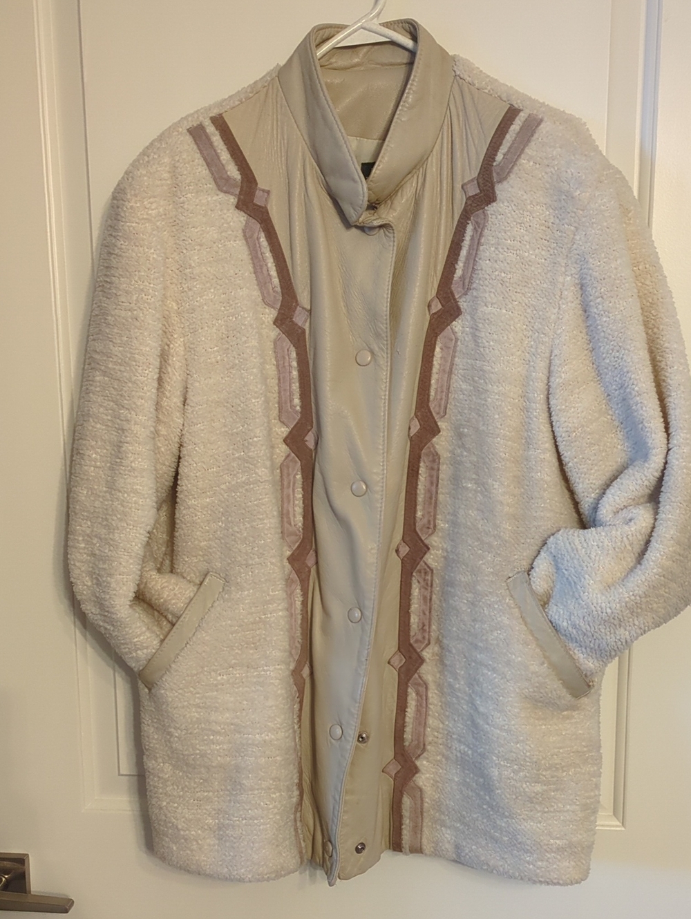 Vintage Ivory Bouclé Jacket with Leather Trim